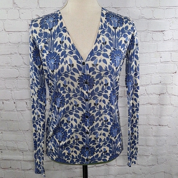 Tory Burch Blue Floral Silk V-Neck Cardigan - Picture 1 of 8